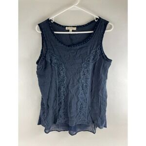 Comme Toi Tank Top Women's Size S Navy Blue Lace Floral Polka Dots Sheer Back